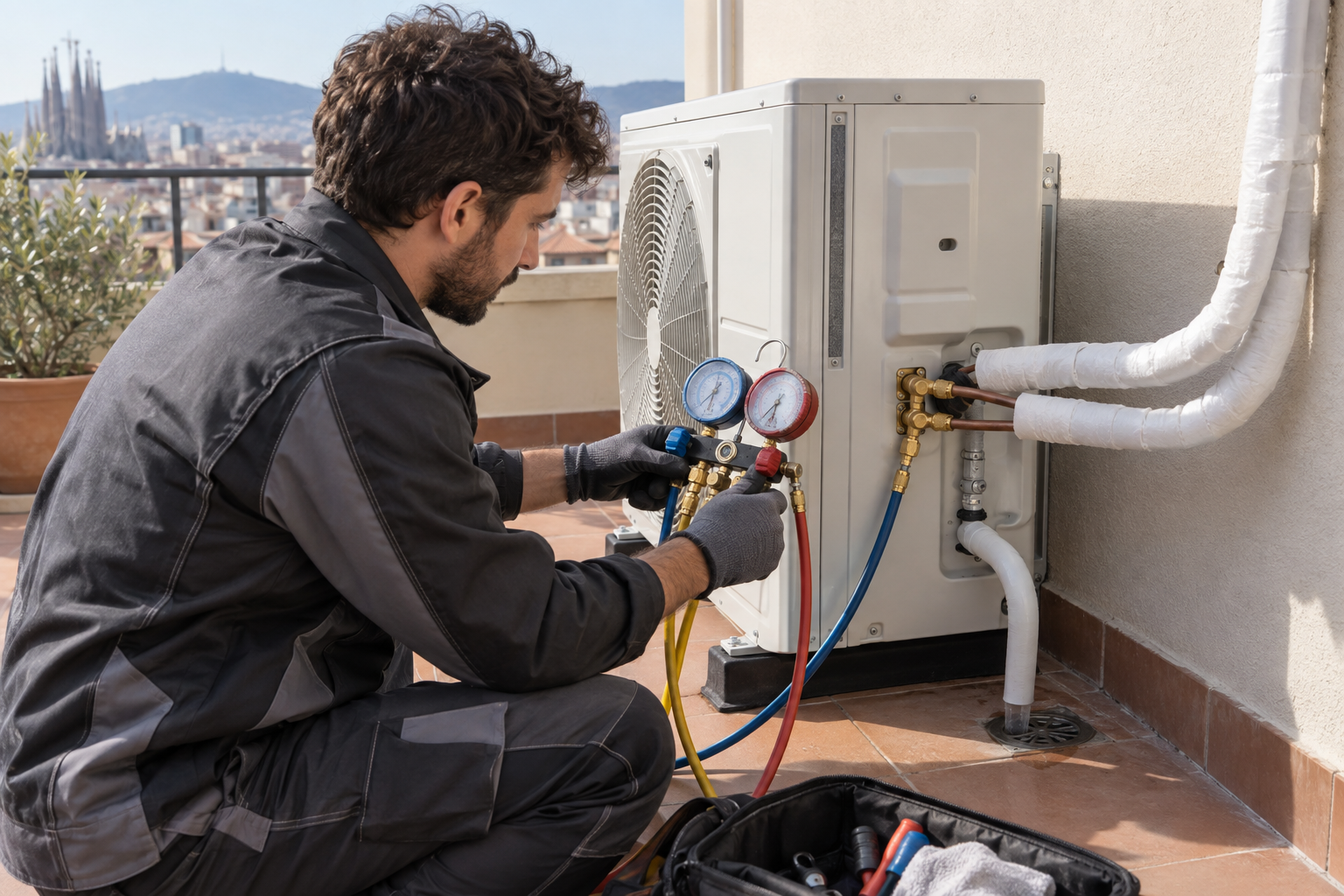 Especialista comprobando un equipo exterior de climatización