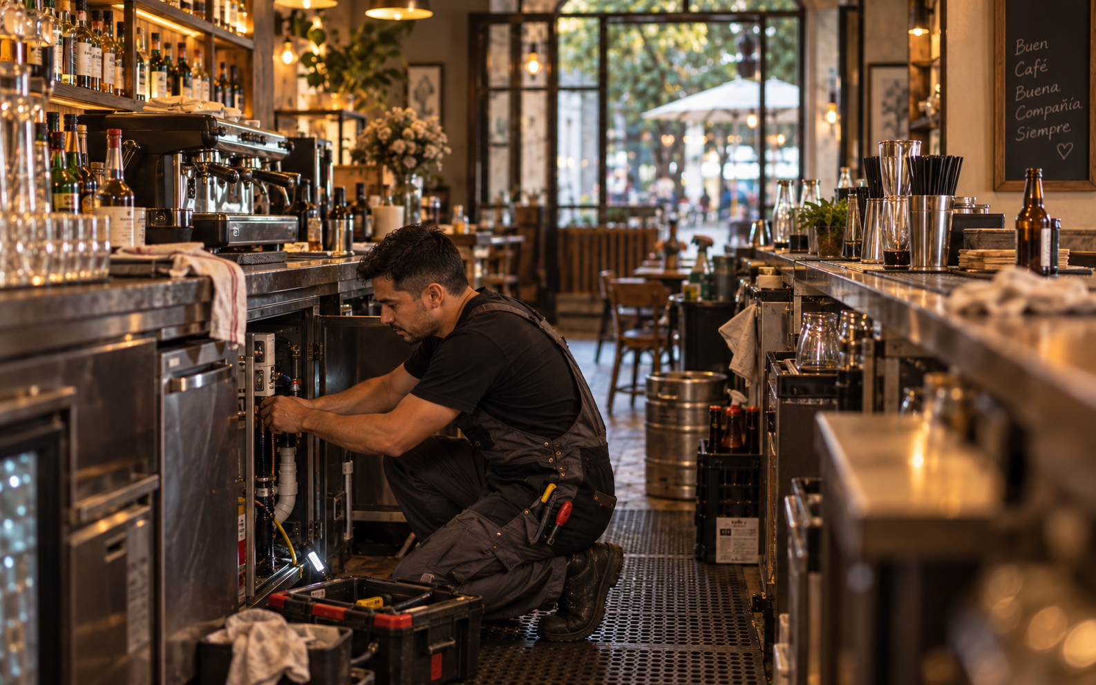 Técnico realizando una intervención de mantenimiento en un bar