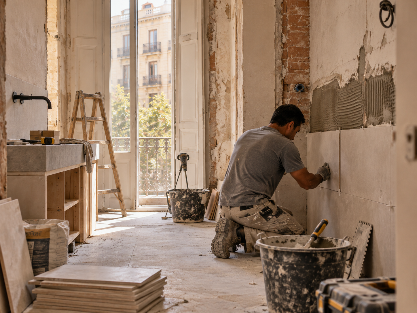 Trabajador realizando revestimientos durante la reforma de un baño